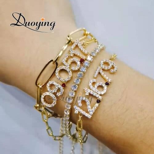 Duoying Personalized Number Charm Bracelet Birthstone Nameplate Chain for Women Zircon Layered Chains Zirconia Letter Bracelets