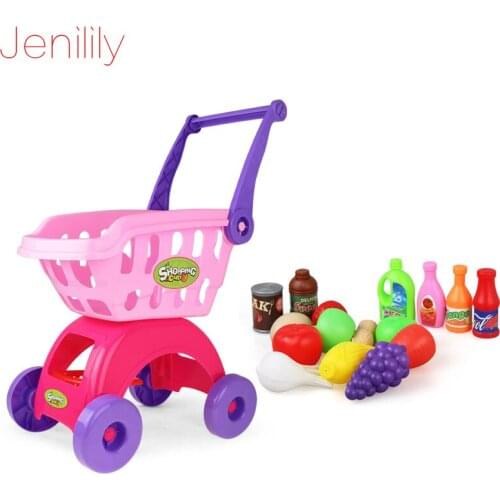Jenilily JN1805 Children Play House Toys Simulation Supermarket Shopping Cart Mini Trolleys with Fruit Vegetable Kitchenware