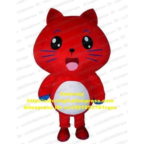 Wildcat Wild Cat Caracal Ocelot Kitten Mascot Costume Adult Cartoon Character Red Body Blue Tail Curled Up Behind Beard zz4261