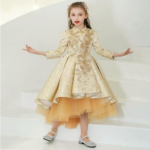 Flower Girl Dress Crystal Princess Champagne Sequined Appliques Knee-Length Tulle Three Quarter Embroidery Kids Party Gown H166