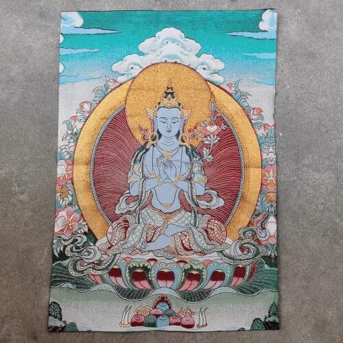 Home Decor 35" Thangka embroidery Tibetan Buddhism silk embroidery brocade Nepal Green Tara Guanyin Bodhisattva Buddha Thangkas