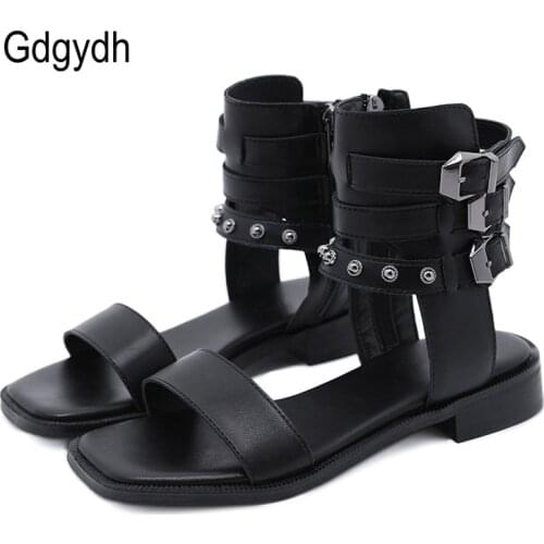 Gdgydh Black Goth Rivet Women Sandals Summer 2020 Female Shoes Woman Low Block Heel Sandals Rome Style Ankle Wrap High Quality