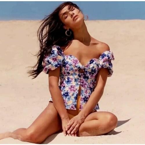 GypsyLady Floral Boho Blouse Shirt Vintage Sexy Holiday Women Blouse Puff Sleeve Backless Bow Chic Beach Ladies Female Top 2021