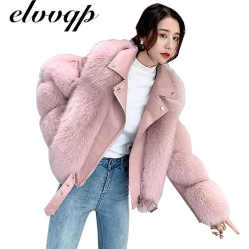 Top Fashion Luxury Faux Fox Fur Coat Motorcycle Splicing Pu Leather Turn Down Collar Warm Fur Jacket Women 2020 Winter New