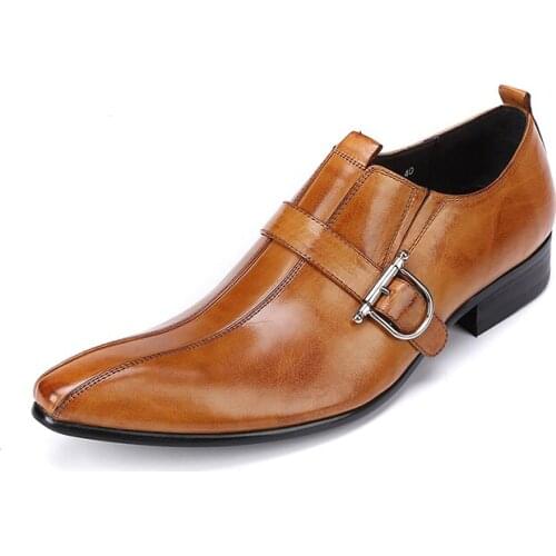 Classic Pointed Toe Block Low Heel Mens Business Formal Shoes Slip On Loafers Buckle Genuine Leather Dress Shoes Prom Oxfords