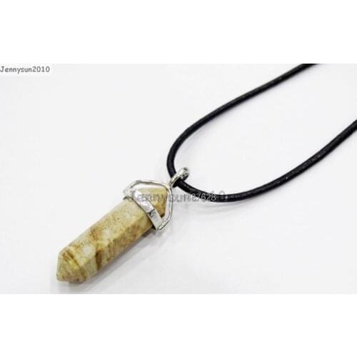 Natural Pictur Jas-per Gems Stone Hexagonal Pointed Healing Reiki Chakra Pendant Black Leather Cord Necklace18''lnch 5 Sets/Pack