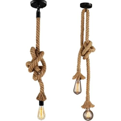 Retro Hemp Rope Pendant Lights Industrial Loft Vintage Long Rattan Hanging Lamp Led Bulbs