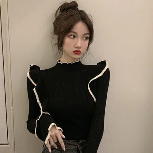 Pullovers Women Sweater Long Sleeve Butterfly Patchwork Mock Neck Basic Knitting Sweaters Spring Autumn Korean Style Slim Tops