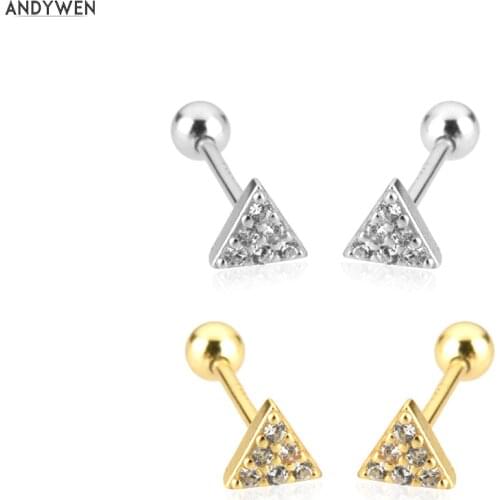 ANDYWEN 925 Sterling Silver Gold Triangle Clear Stud Earring Piercing Small Mini Crystal Zircon CZ Rock Punk Jewelry Clips