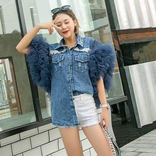 Summer Denim Jacket WomenS Lapel Short-Sleeved Lace Ruffled Mesh Patchwork Button Coat Female Fad Vogue New