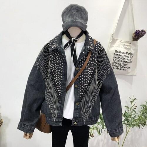 Fashion rivet beading Denim denim jackets female great quality tassel design single breasted denim outwear tops F1142 dropship