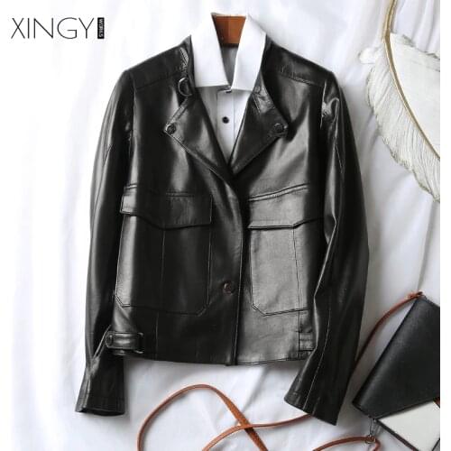 5035 Single-breasted Turn-down Collar PU Leather Jacket With Pockets Womens Casual Black Winter Loose Outerwear jaqueta feminina