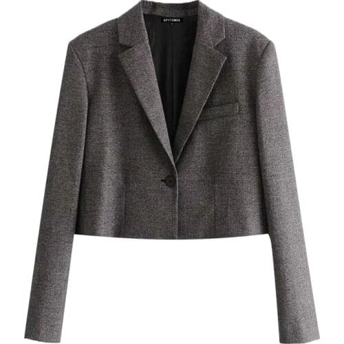 2021 New Women Fashion Single Button Cropped Check Blazer Coat Vintage Long Sleeve Female Outerwear Chic Veste Femme