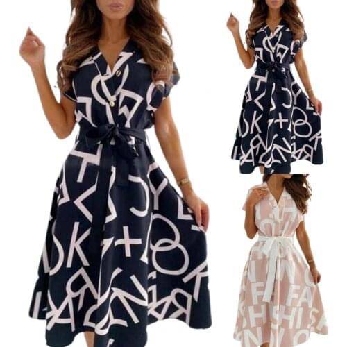Women Dress 2021 Summer New Letters Print V Neck Short Sleeve Buttons Belt High Quality GracefulDress for Wedding Daily Wear