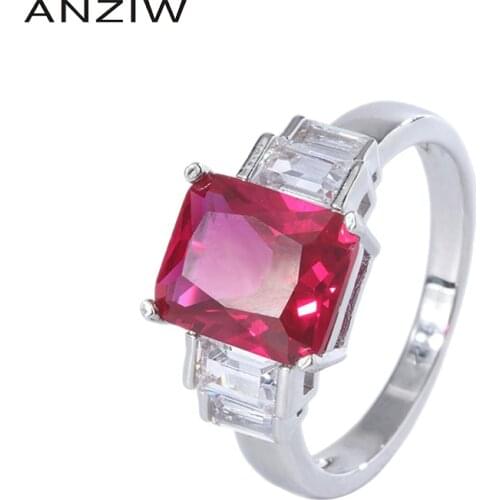 ANZIW Sterling Silver Radiant Cut 6*8mm Lab Created Ruby Vintage Classic Engagement Ring for Women Jewelry Gifts
