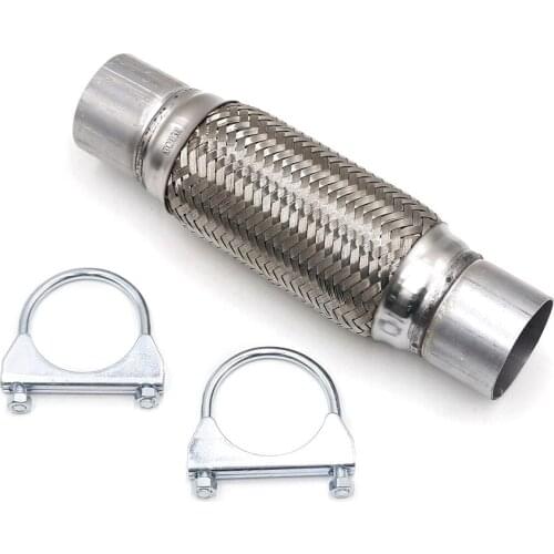 2.5" x8" x12" Stainless Steel Car Exhaust Flex Pipe Bellows Double Braid Connector Ripple Sliver With Bracket