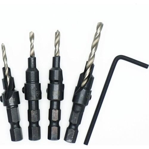 4pcs HSS 1/4 Hex Shank Countersunk Drill Bits Tapper Tool woodworking Wood Pilot Hole Size #6 #8 #10 #12 with One Wrench