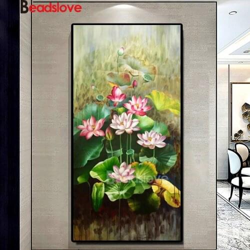 5d diy Diamond Painting water-color lotus diamond Embroidery full round Mosaic Diamond cross stitch large Entrance decoration