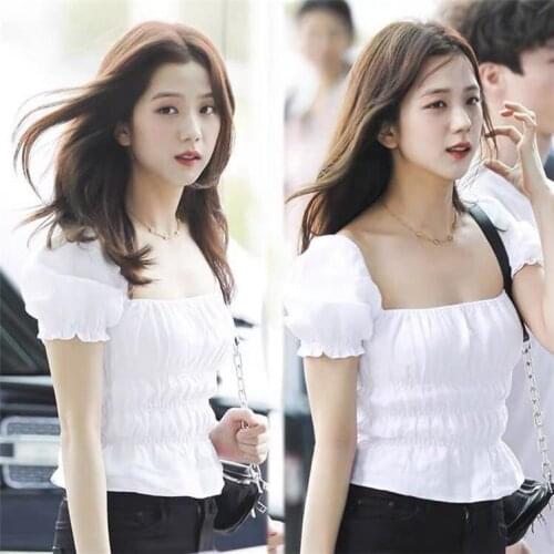 Kpop Korea Summer Sexy White Slim Elegant Puff Sleeved Short Shirts Women Streetwear Sweet Elastic Square Neck Blouses And Tops