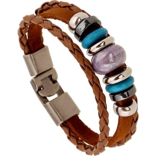 Vintage Retro Ethnic Beads Charm Bracelet Cuff Alloy Beaded Handmade Braided Leather Wristbands Bangle Wrap Punk Fashion Jewelry