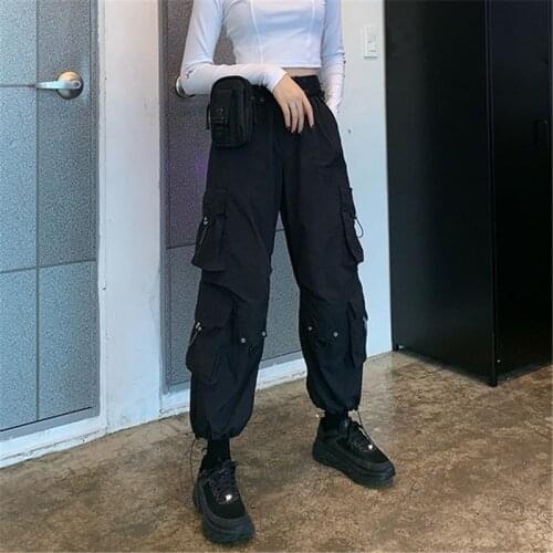 Womens Cargo Pants Black Straight Loose Korean fashion pants Student BF Harajuku woman Wide Leg pants Hip Hop Casual Pants