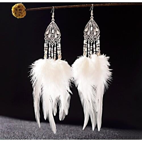 Gypsy Earring For Women Dangle Feather White Long Ear Jewelry Bohemia Vintage Trendy Beads Drop Earrings Fashion Jewelry