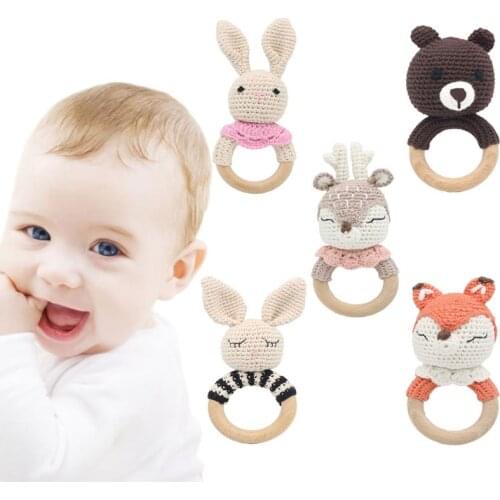 Crochet Wooden Ring Baby Teether Animal Rattle Chewing Teething Nursing Soother Molar Infant Toy Accessory