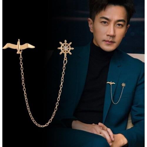 Korean Metal Little Bird Brooch Rhinestone Anchor Collar Pin Tassel Chain Lapel Pins Suit Shirt Jewelry for Men Accessories