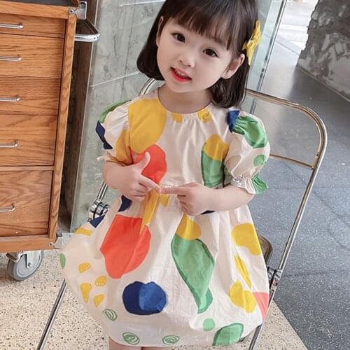 Summer Girls Dress Korean Style Sweet Color Graffiti Dot Frills Bubble sleeve Dress Baby Kids Clothes ChildrenS Clothing