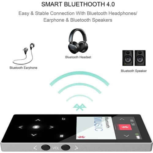 MP4 Player with Bluetooth 16GB Built-in Speaker Music Player Touch Button 1.8 Inch TFT Screen, with FM Radio and Voice Recorder