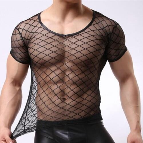 Mens Mesh Tops Sports Sheer Lingerie Slim Fit Gym Transparent T-shirt Top Clubwear Sexy Fish Net Muscle Tee T Shirt