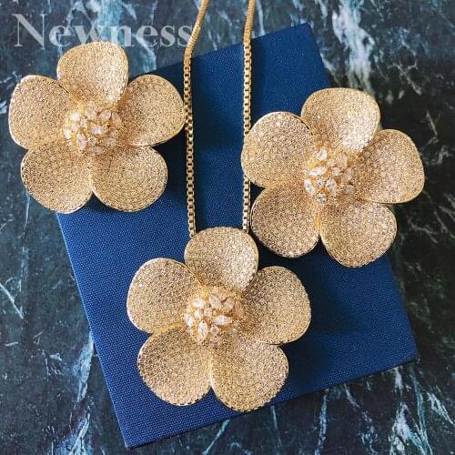 Newness Flower Floral Fashion Luxury Super AAA Cubic Zirconia Women Engagement Pendant Necklace And Earring Jewelry Set