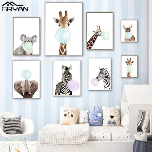 Baby Animal Blow Bubble Gum Nursery Canvas Wall Art Poster Elephant Giraffe Zebra Print Painting Nordic Picture for Kids Bedroom