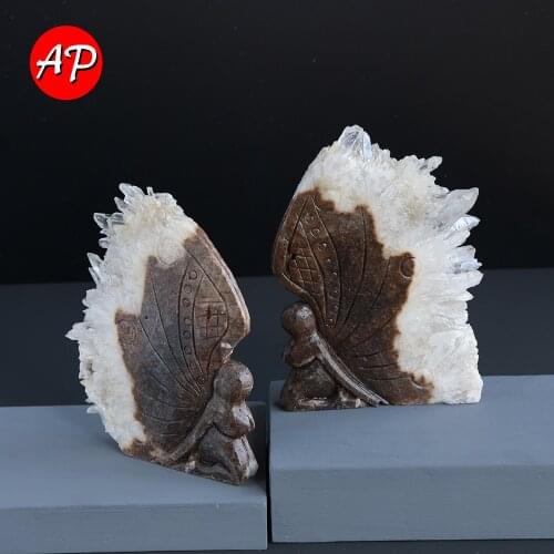 1pc Natural White Crystal Raw Cluster Sculpture Clear quartz Butterfly Girl handicraft Energy ornament Home decoration