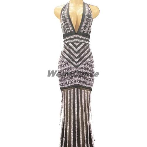 New Women Flashy Prom Silver Crystal Dress Sexy Black Evening Long Dress Mesh Stretch Dance Sleeveless Costume