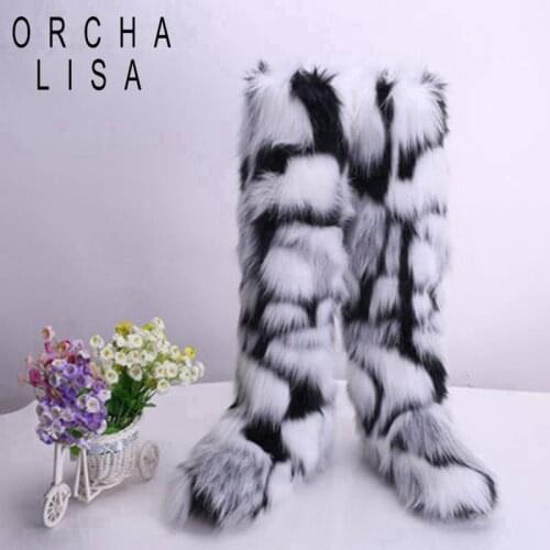 ORCHA LISA Winter Over the knee Women Snow Boots Genuine Real hairy Ostrich Feather furry Fur flats plush warm ski Outdoor botte