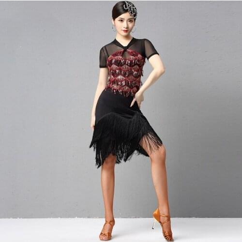 Latin Dance Dress Short Sleeve Sequins Fringe Practice Clothes Professional Latin Dance Competition Performance Costumes DQL3900
