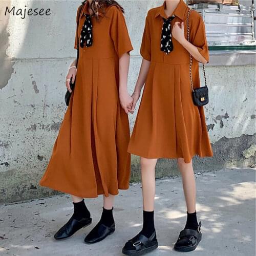 Dresses Women Turn Down Collar College Students Vintage Loose Harajuku Trendy Single Breasted Ulzzang Streetwear Retro French