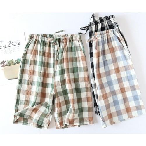 Casual plaid shorts men sleep bottoms sleepwear pants soft 100% Gauze cotton home shorts men simple pajamas shorts for male