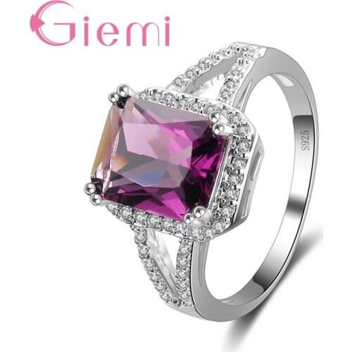 Proposal Elegant Ring For Women/Girls 925 Sterling Silver Fuchsia Square Cut Cubic Zirconia Finger Jewelry Free Shipping