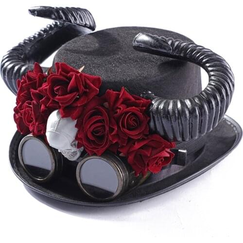 Steampunk Hat With Detachable Goggles Black Polyester Vintage Top Hat Horns Halloween Gothic Hat Skull For Cosplay Party