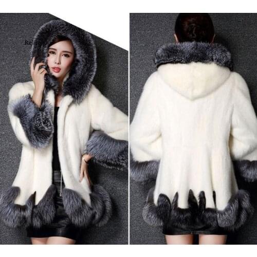 Faux Fur Coat Women Autumn and Winter Mink Coat Fox Fur Collar Hooded Jacket Plus Size Top Fur Female Clothes