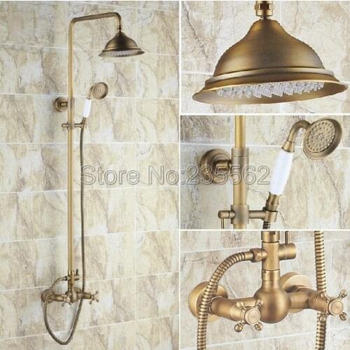 Bathroom Rainfall Shower Faucet Set Mixer Tap With Hand Sprayer Wall Mounted Antique Brass Faucets lrs110