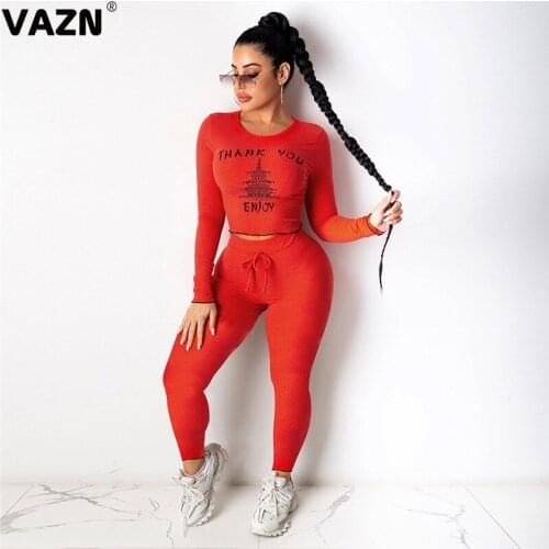VAZN 2020 Top Quality Energy Simple Soft Elastic Free Young Sexy Tracksuit Full Sleeve Long Pants Skinny Women 2 Piece Set