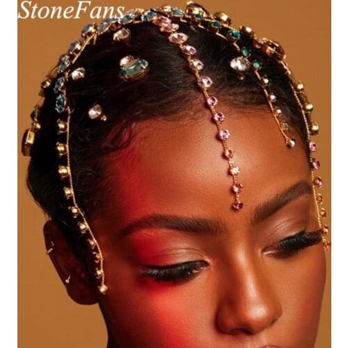Stonefans Colorful Stone Crystal Head Chain Women Hairpins Party Hair Tiara Full Rhinestone Hair Chain Headband Forehead Jewelry