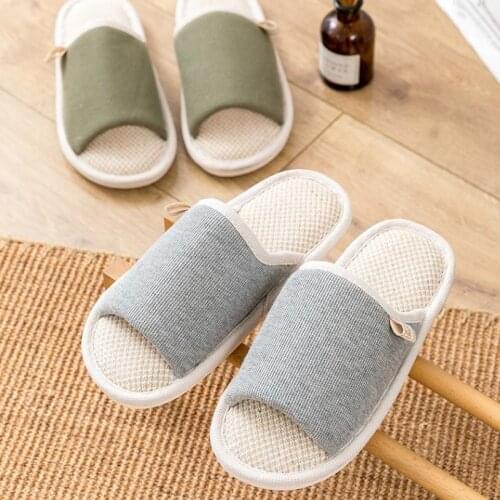 Womens Home Slippers Breathable Indoor Open-Toe Summer Shoes Couples Cotton Linen Slippers Anti-Slip Female Male House Slides