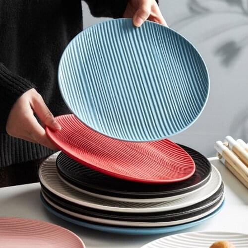 10.4inch Round Striped Western Food Plate Household Ceramic Steamed Fish Dishes Nordic Restaurant Western Food Plate Set