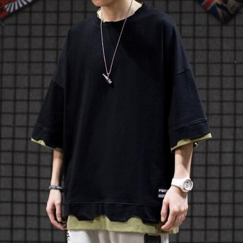 European and American High Street Broken Hole VIBE Wind Short Sleeve T-shirt Male Ins Tide False Two Pieces Seven Sleeves Tees