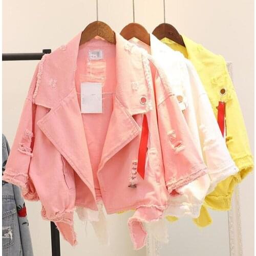 Bright color denim jacket for women spring cool Girl Jacket Short Loose coat women hole cowboy coat half sleeve lady casual coat