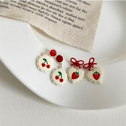 AOMU Fashion White Red Acrylic Love Strawberry Cherry Stud Earrings Irregular Geometric Bow Stitching Small Earrings for Women